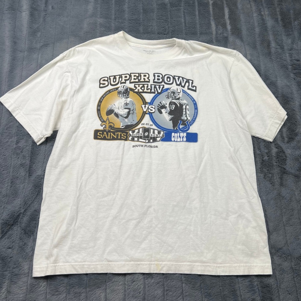 Reebok Super Bowl XLIV Saints vs Colts Drew Brees Peyton Manning White Tee Large